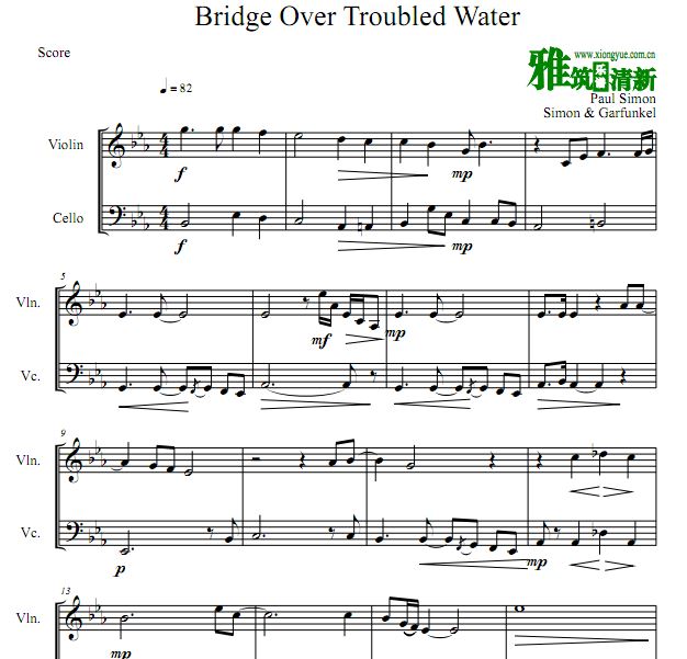 Bridge Over Troubled Water 忧郁河上的桥 小提琴大提琴重奏谱
