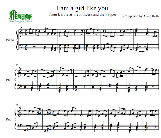 芭比之真假公主 I Am A Girl Like You钢琴谱