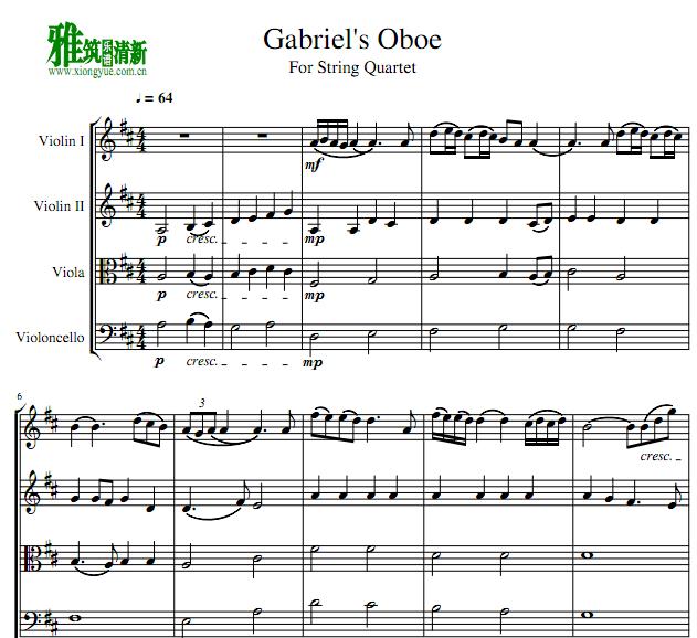 加不里埃的双簧管Gabriel's Oboe弦乐四重奏谱