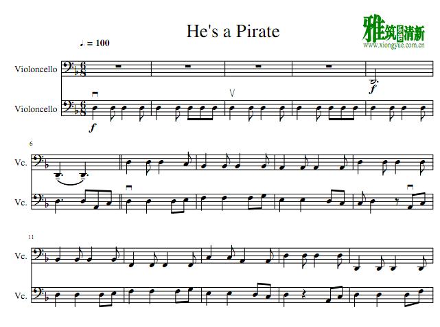 加勒比海盗he's a pirate 大提琴二重奏谱