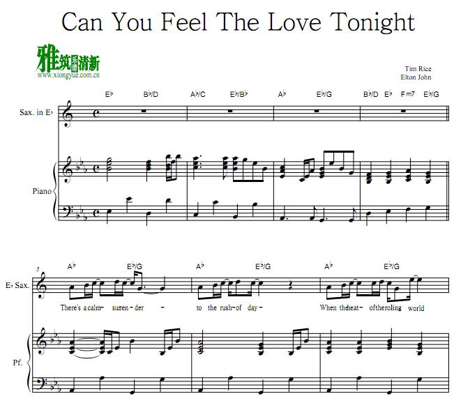 狮子王Can You Feel The Love Tonight萨克斯钢琴伴奏谱