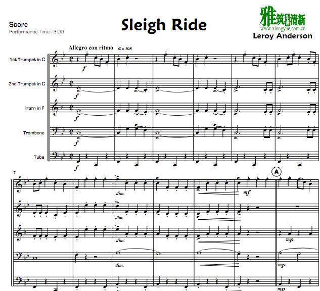 sleigh ride 铜管五重奏谱