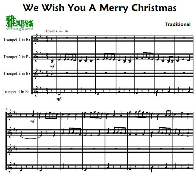 We Wish You A Merry Christmas 小号四重奏谱