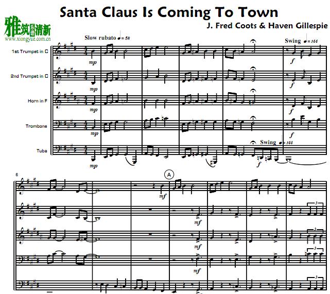 Santa Claus Is Coming To Town 铜管五重奏谱
