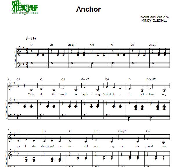 Mindy Gledhill - Anchor钢琴伴奏谱