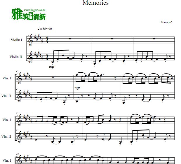 Maroon 5 -  Memories小提琴二重奏谱