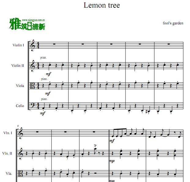柠檬树 Lemon Tree 弦乐四重奏谱
