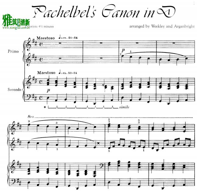 Weekley and Arganbright版 卡农canon in d 四手联弹谱