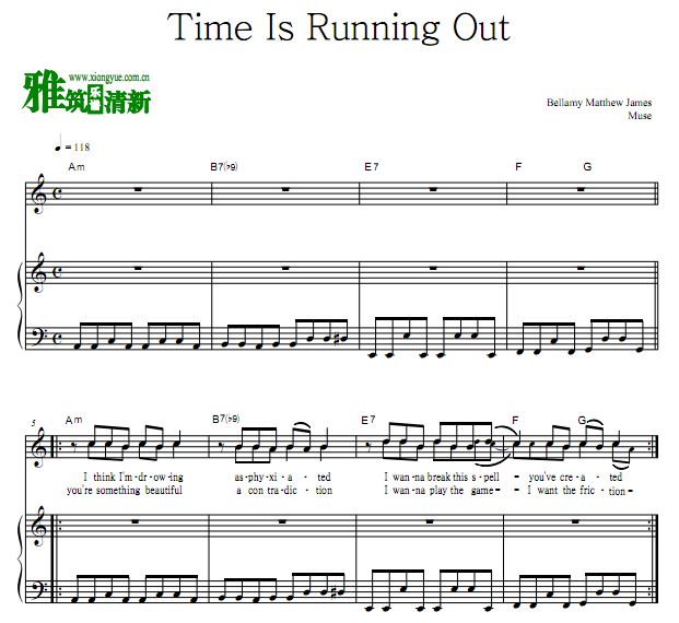 Muse - Time Is Running Out歌谱 正谱 钢琴谱