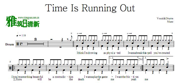 缪斯乐队 Time Is Running Out架子鼓谱