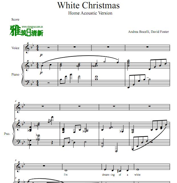 安德烈·波切利,大卫·福斯特 White Christmas钢琴伴奏声乐谱