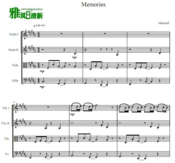 魔力红  Memories双小提琴中提琴大提琴合奏谱