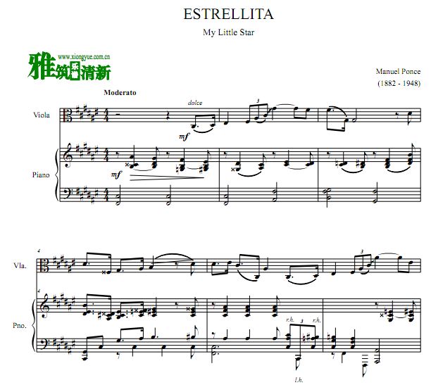 庞塞  Estrellita 小星星F#调中提琴钢琴伴奏谱