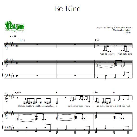 Marshmello, Halsey-Be Kind钢琴伴奏谱