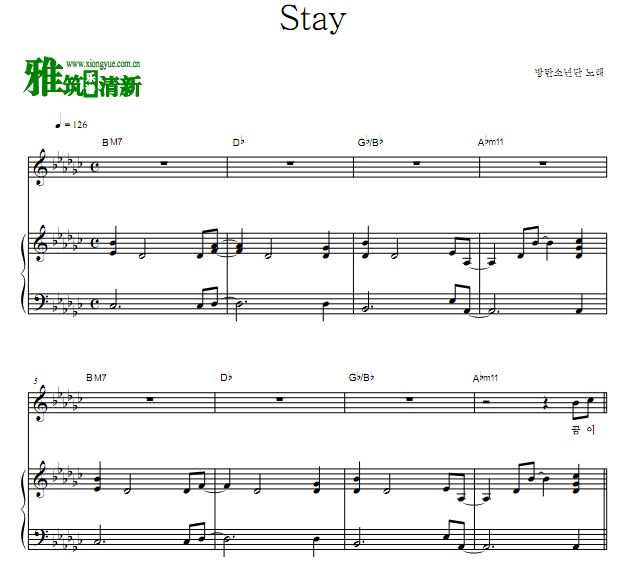 BTS 防弹少年团 Stay歌谱 正谱 钢琴弹唱谱