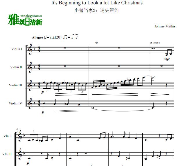 It's Beginning to Look a Lot Like Christmas小提琴四重奏谱