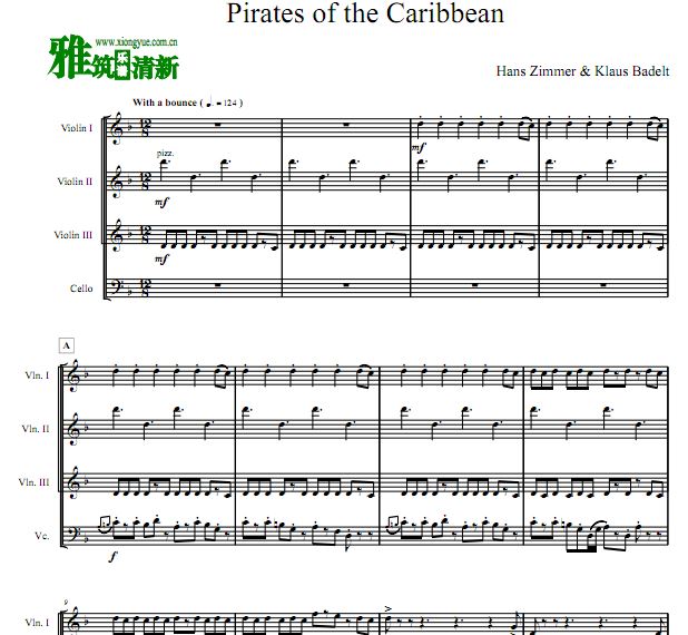 Pirates of The Caribbean 三小提琴一大提琴合奏谱