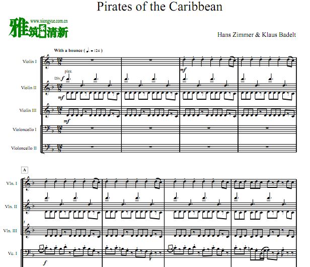 加勒比海盗 Pirates of The Caribbean弦乐五重奏谱