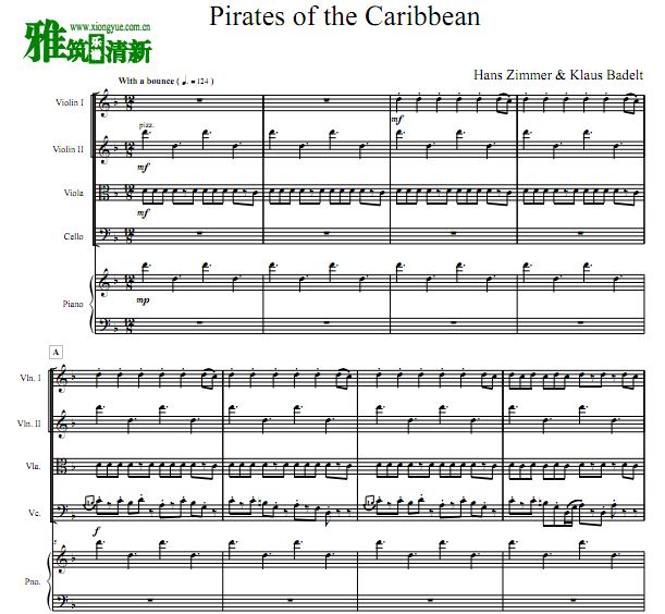 加勒比海盗 Pirates of The Caribbean钢琴五重奏谱