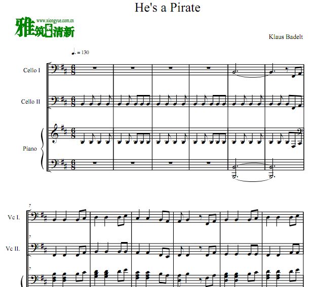 加勒比海盗 He's A Pirate 大提琴二重奏钢琴伴奏谱