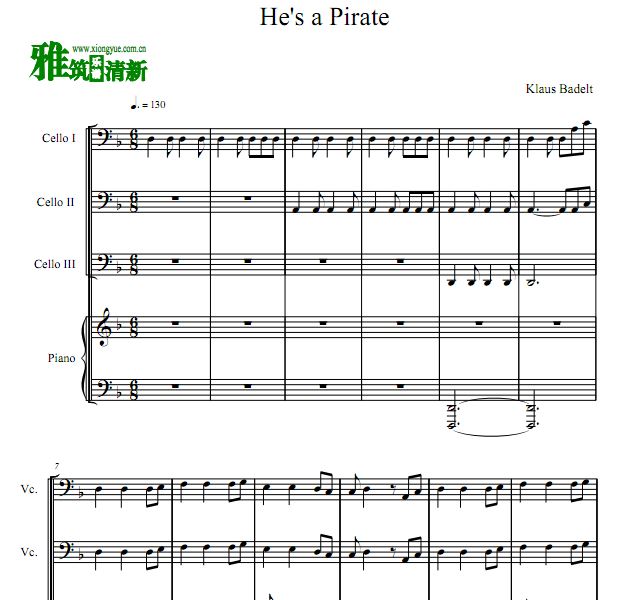 加勒比海盗 He's A Pirate 大提琴三重奏钢琴伴奏谱
