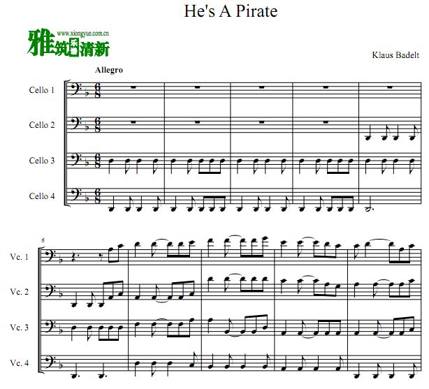 加勒比海盗 He's A Pirate 大提琴四重奏谱