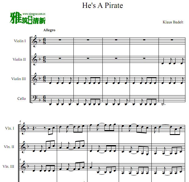 加勒比海盗 He's A Pirate 三小提琴一大提琴重奏谱