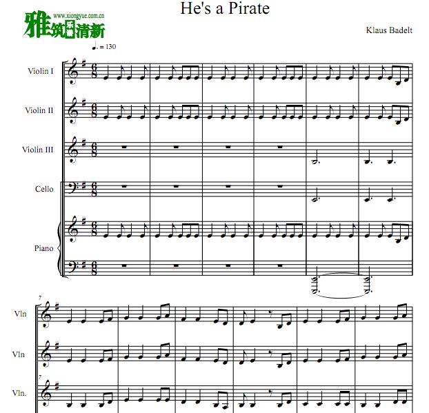 加勒比海盗 He's A Pirate三小提琴大提琴钢琴五重奏谱