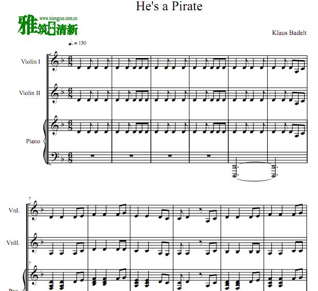 加勒比海盗He's A Pirate 小提琴二重奏钢琴伴奏谱