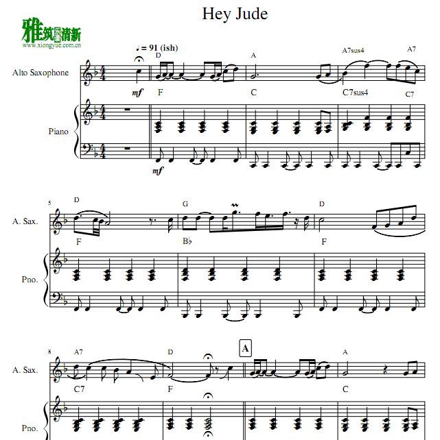Hey jude中音萨克斯钢琴合奏谱