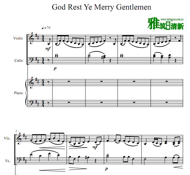 God Rest Ye Merry Gentlemen小提琴大提琴钢琴三重奏谱