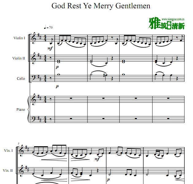 God Rest Ye Merry Gentlemen双小提琴大提琴重奏钢琴伴奏谱