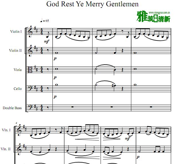 God Rest Ye Merry Gentlemen双小提琴中提琴大提琴低音提琴合奏谱