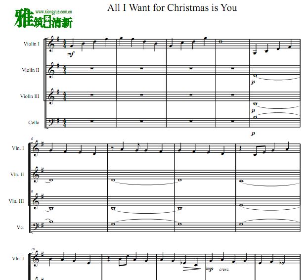 All I Want For Christmas Is You小提琴大提琴弦乐四重奏谱