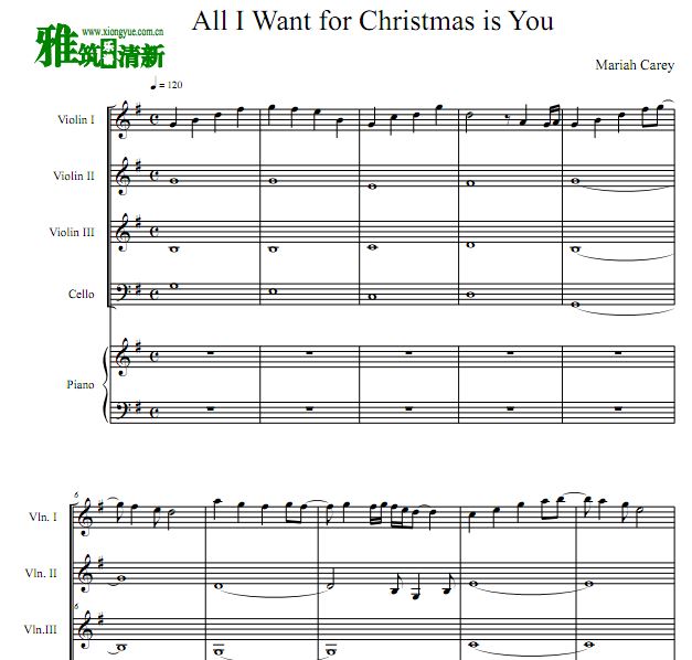 All I Want For Christmas Is You三小提琴一大提琴钢琴五重奏谱