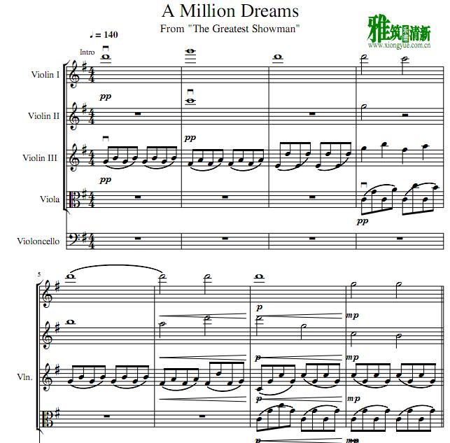 马戏之王A Million Dreams弦乐五重奏谱 三小提琴一中提琴一大提琴