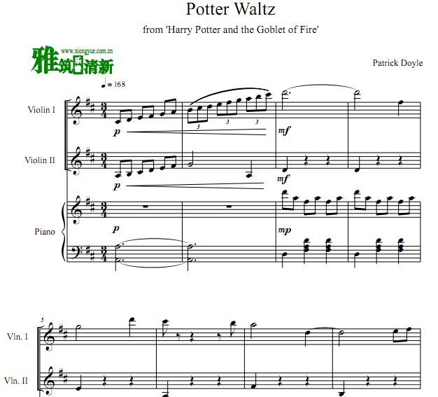哈利波特 Potter Waltz小提琴二重奏钢琴伴奏谱