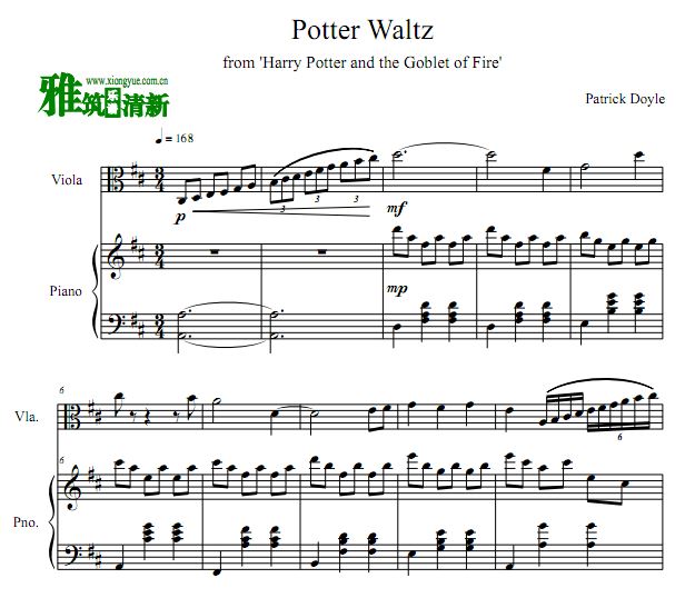 哈利波特 Potter Waltz中提琴钢琴合奏谱