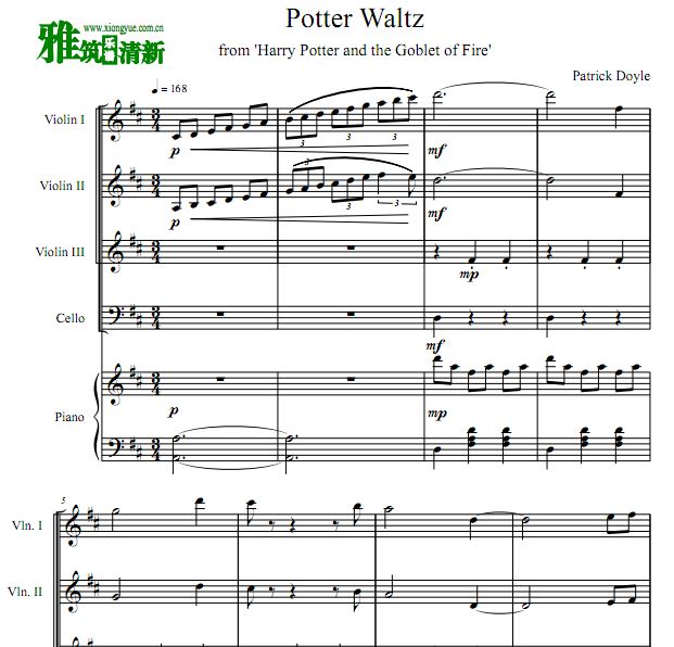 哈利波特 Potter Waltz小提琴大提琴钢琴五重奏谱