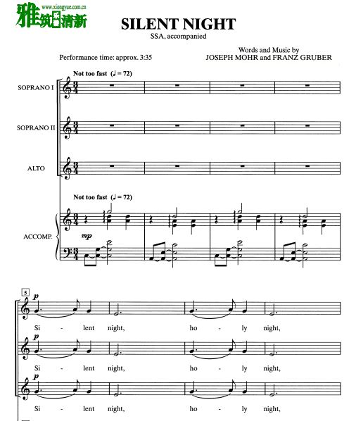 Silent Night 三声部合唱谱 钢琴伴奏谱