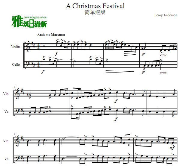 圣诞节日 A Christmas Festival小提琴大提琴二重奏谱 简单短版