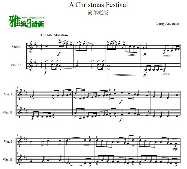 简单短版 A Christmas Festival 圣诞节小提琴二重奏谱