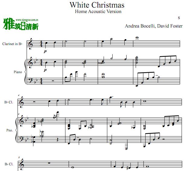 Andrea Bocelli, David Foster - White Christmas单簧管钢琴伴奏谱