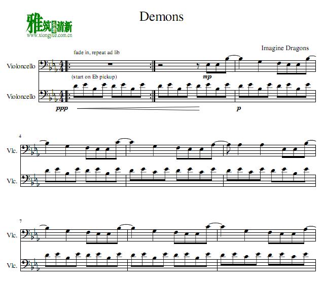 Imagine Dragons - Demons大提琴二重奏谱