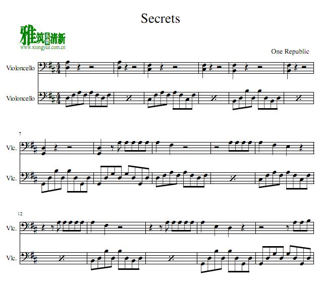 One Reoublic  Secrets大提琴二重奏谱