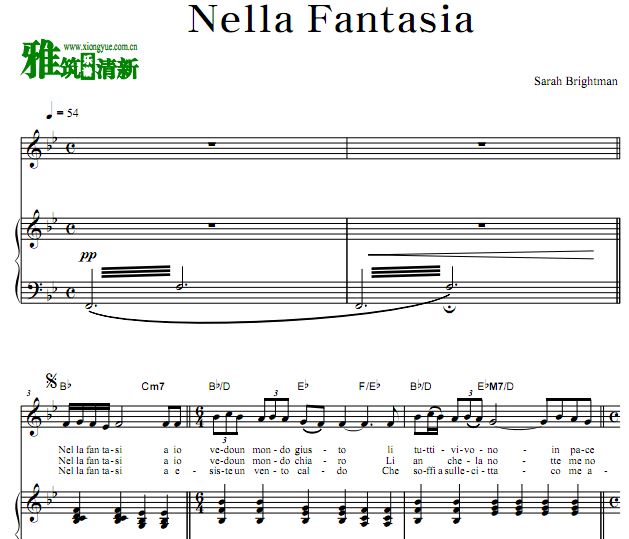莎拉·布莱曼 Sarah Brightman - Nella Fantasia 幻梦之中歌谱 钢琴伴奏谱