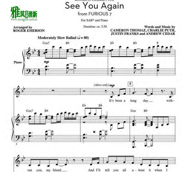 See you again 三声部合唱钢琴伴奏谱 无RAP版