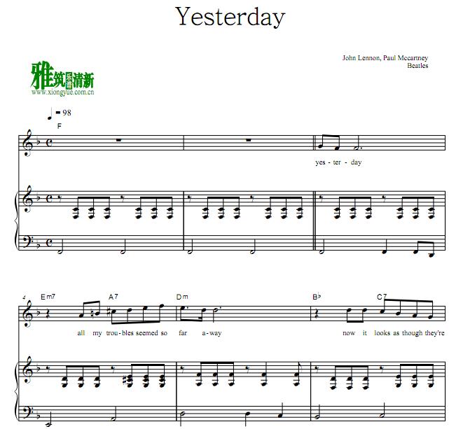 The Beatles披头士 Yesterday钢琴伴奏谱
