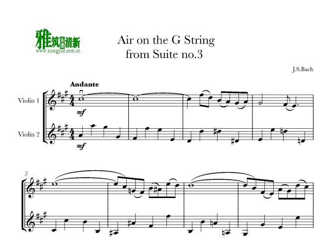 Bach - Air on a G String 巴赫G弦上的咏叹调小提琴二重奏谱