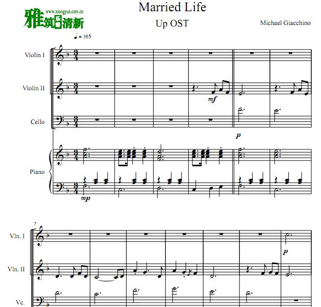 Married Life 飞屋环游记小提琴大提琴钢琴四重奏谱